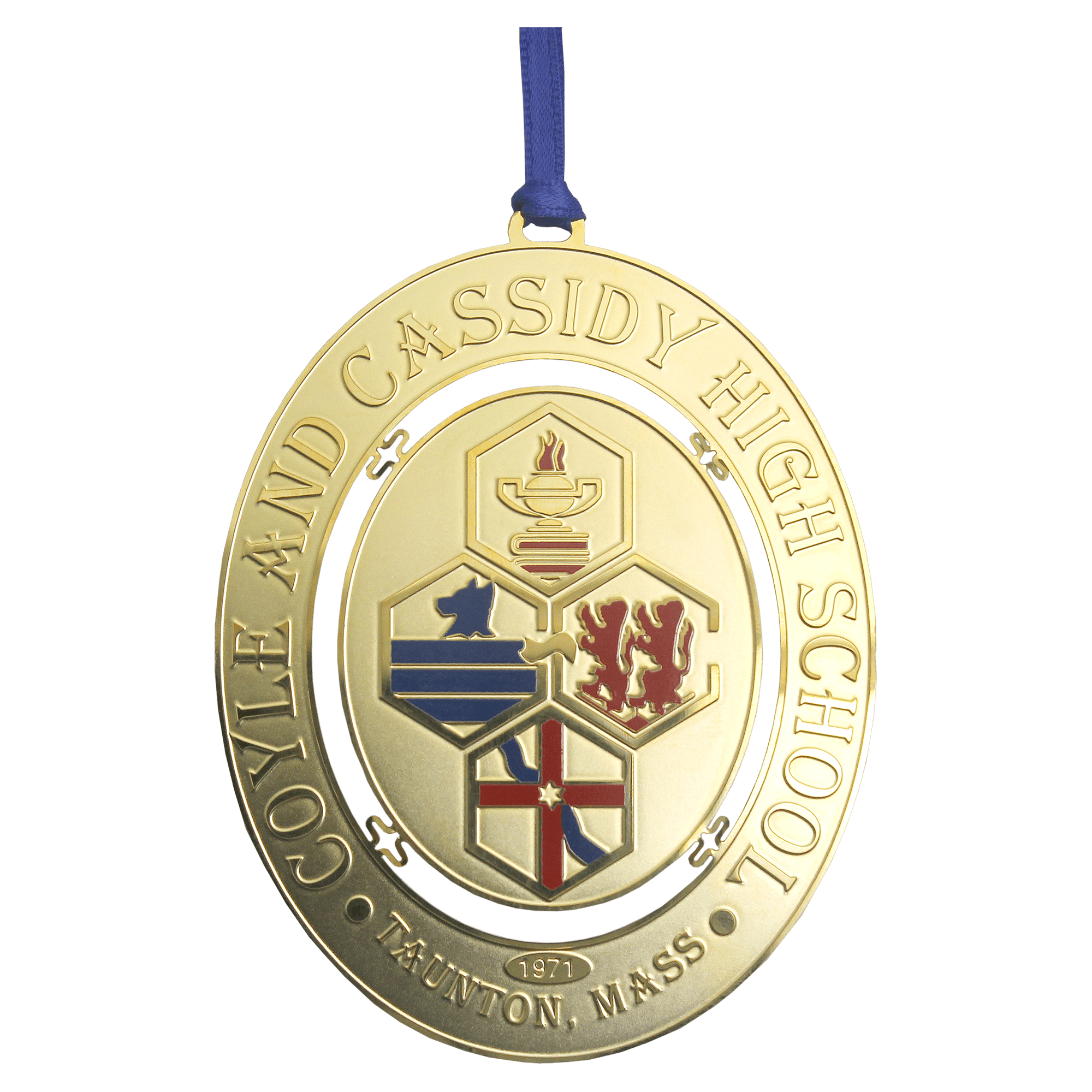 2D Gold Plated Brass Alumni Ornament with 2 Color Silkscreen (2)