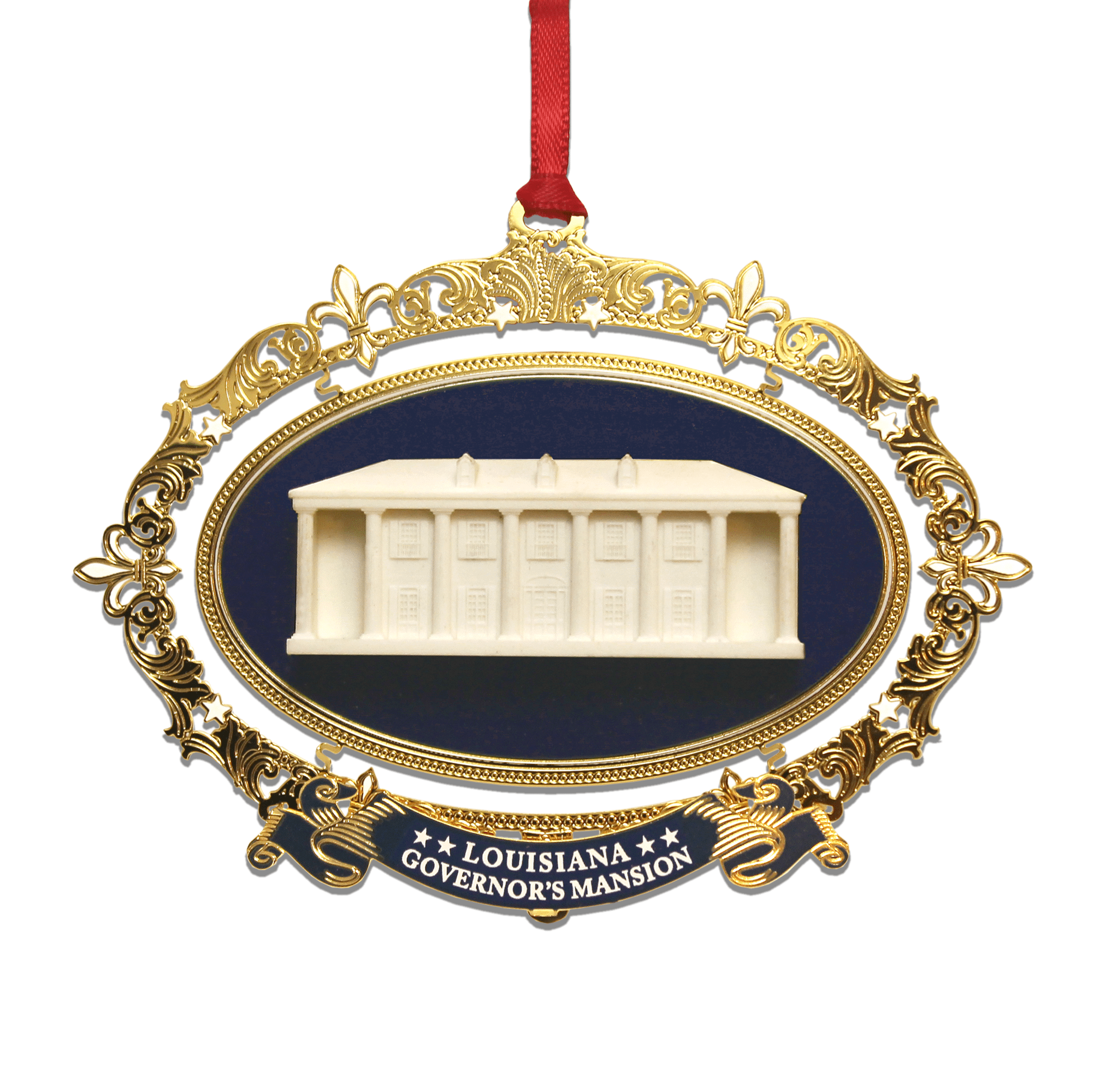 2D Brass Ornament Finished in 24K Bright Gold with Silkscreen Printing & a Cast Resin Relief