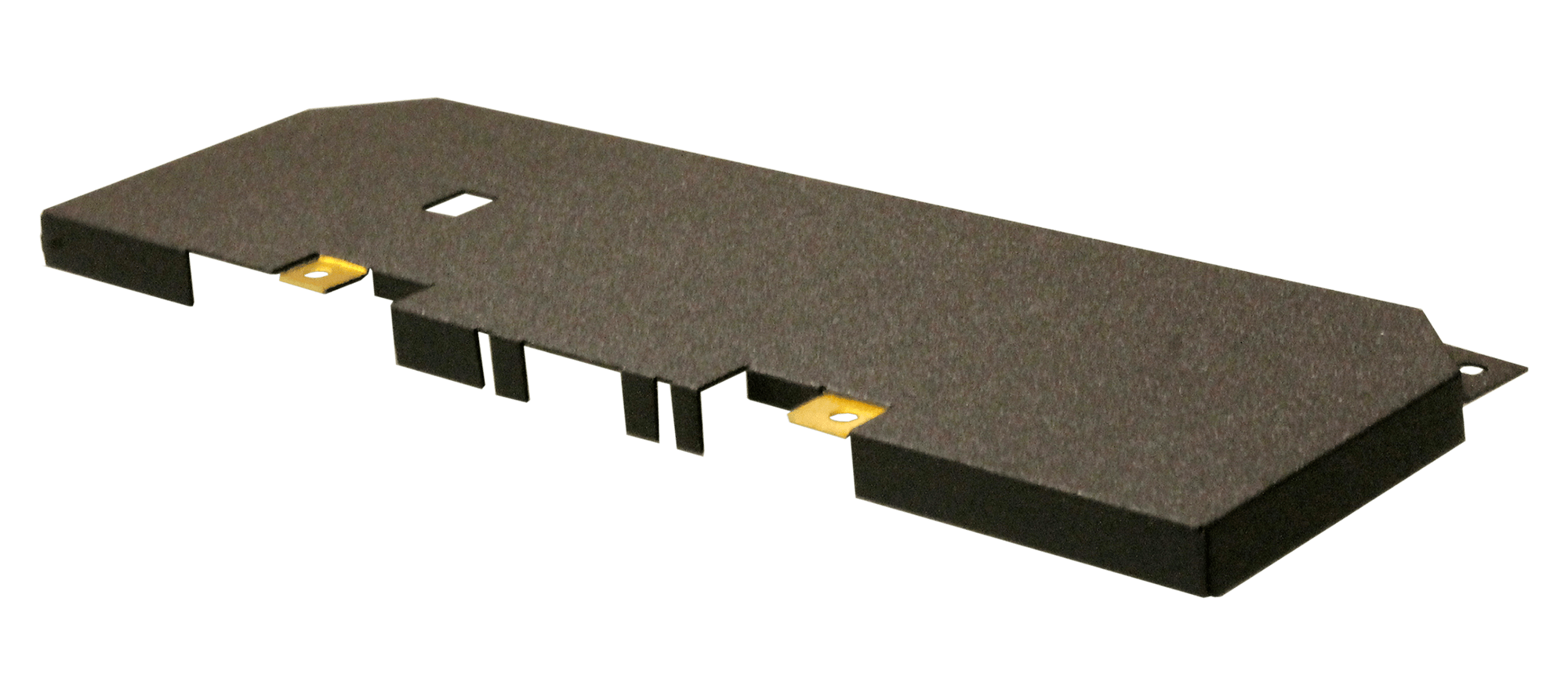 Black powder-coated brass EMI/RFI shield for electronic devices, featuring precision-cut openings and grounding tabs for electromagnetic interference protection.