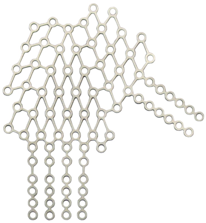 Precision-etched titanium component with intricate mesh pattern for lightweight, high-strength applications.