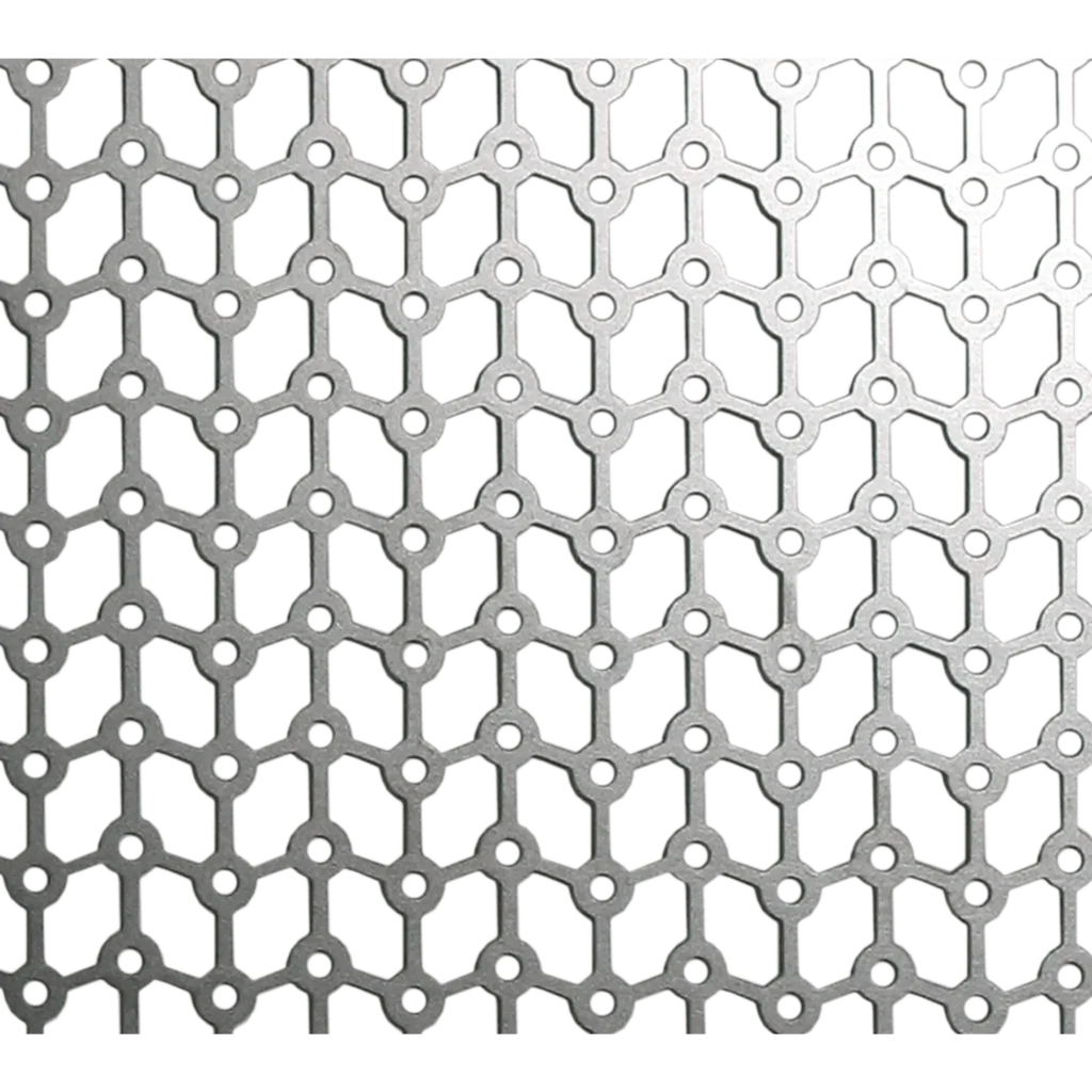 Titanium surgical mesh sheet with precision-etched square mesh pattern, labeled for medical implant use by Frontier Devices.